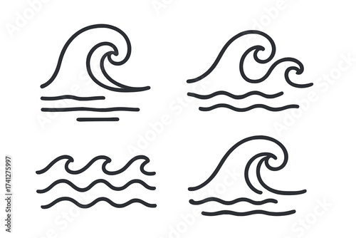 Set of four wave symbols in linear style, water icons, cartoon vector illustration with transparent background, ocean wave outlines, sea and water design elements