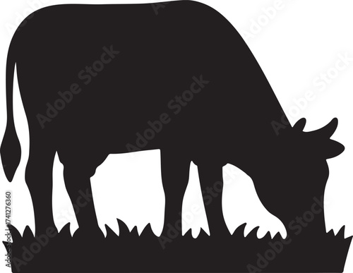 Cow grazing in grass silhouette, ideal for farm, pasture, agriculture, and nature designs.