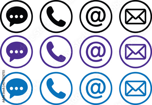 set of contact  icons for web and app design , mail, message, phone and gmail icons , business communication icons