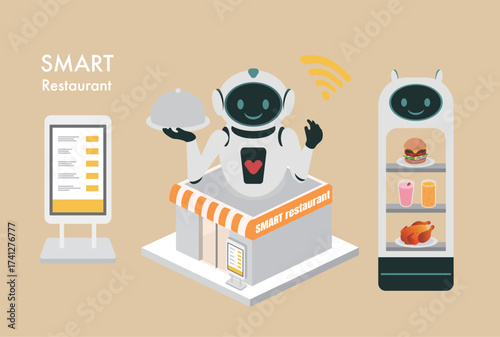 Concept illustrations of smart restaurants, food delivery robots,