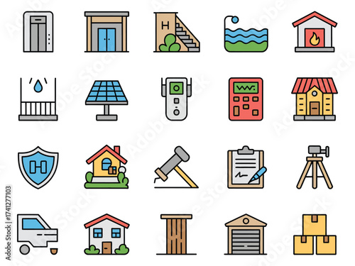 Colorful set of illustrations representing various construction and home elements