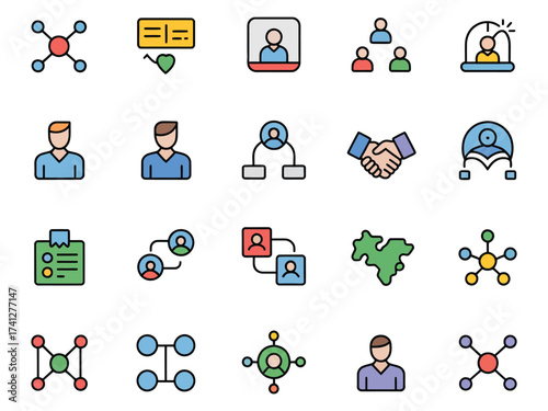 Colorful set of vector icons representing social interactions and connections in a digital environment.