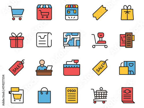 Colorful shopping icons representing various aspects of retail, from carts to sale tags.