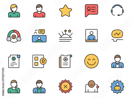 Colorful vector icons depicting various aspects of communication and service support.