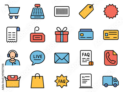 Colorful vector icons representing shopping, customer service, and payment systems.