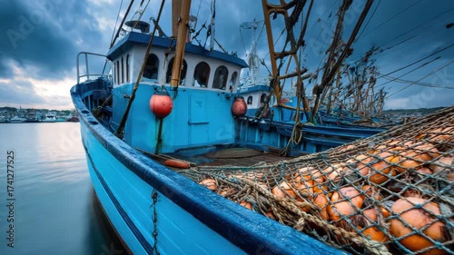 Wallpaper Mural Fishing boat rests in the harbor as twilight approaches, nets filled with fresh catch Torontodigital.ca
