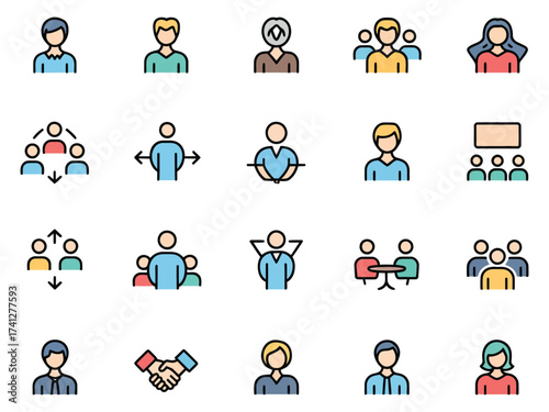 Diverse group of illustrated people engaged in various activities for teamwork and collaboration.