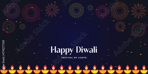 Happy Diwali Festival Background with Diyas and Colorful Fireworks Design