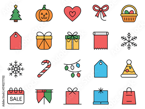 Festive icons embodying holiday spirit, featuring a tree, gifts, and seasonal symbols.