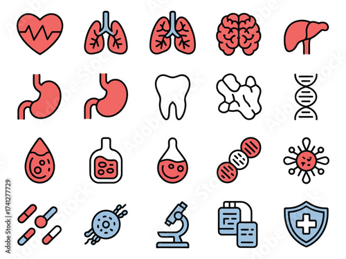 Health-related icons illustrating various organ systems in a colorful and engaging design.