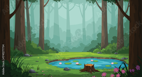 Peaceful forest pond with lily pads, pink flowers, tree stump, misty trees, wildflowers, rocks, and lush greenery in nature
