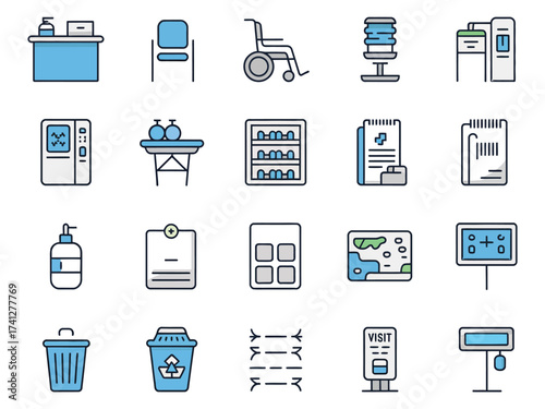 Illustration of health care and medical supplies in a minimalistic style, featuring various icons.