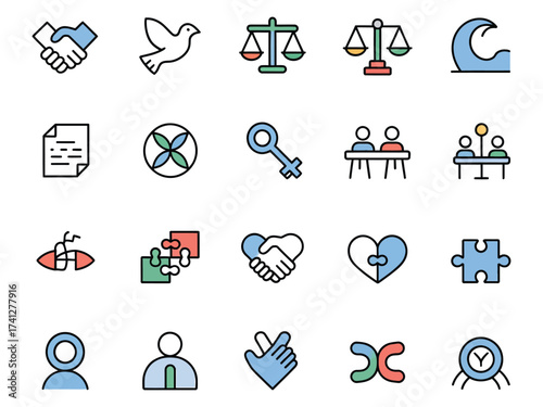 Set of diverse icons representing cooperation, justice, and community engagement.
