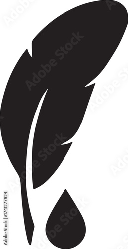 Feather with ink drop silhouette, elegant writing symbol for creativity, art, and literature.