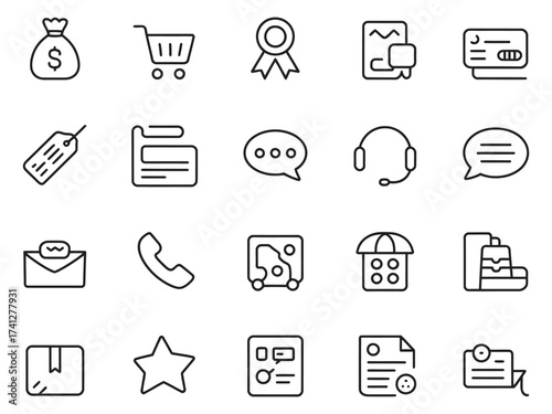Set of simple black and white line icons representing various business functions and communication tools.