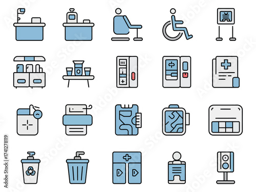 Vector icons representing healthcare elements, including medical supplies and patient care.