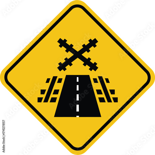 Railroad Crossing Ahead Warning Sign traffic road transportation railway train safety caution yellow black diamond symbol