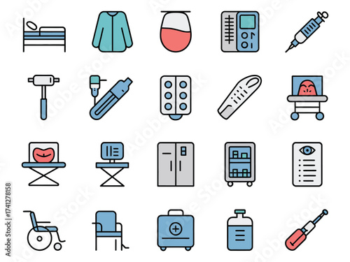 Vector icons representing medical tools and equipment including a syringe, bed, and medication.