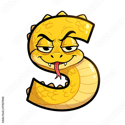 3d icon of a stylized yellow letter s shaped like a sly snake with a forked tongue, isolated on transparent background
