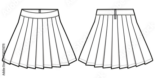 Pleated Skirt flat sketch fashion illustration drawing with front and back view, Pleated Mini skirt design cad vector template