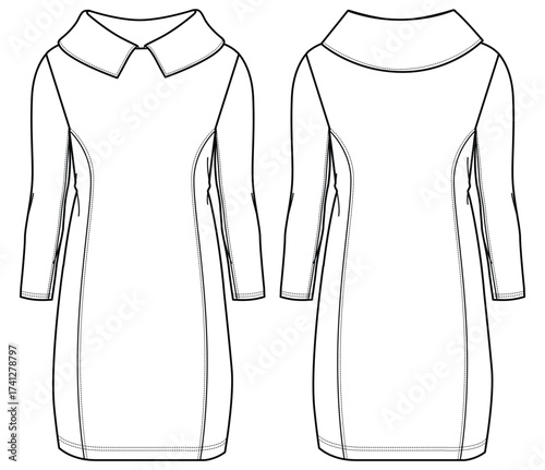 Women sheath dress design flat sketch fashion illustration with front and back view, Aline pointed flat collar sheath dress cad drawing vector template