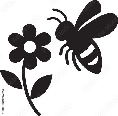Bee silhouette with flower, perfect for nature, garden, honey, and pollination vector designs.