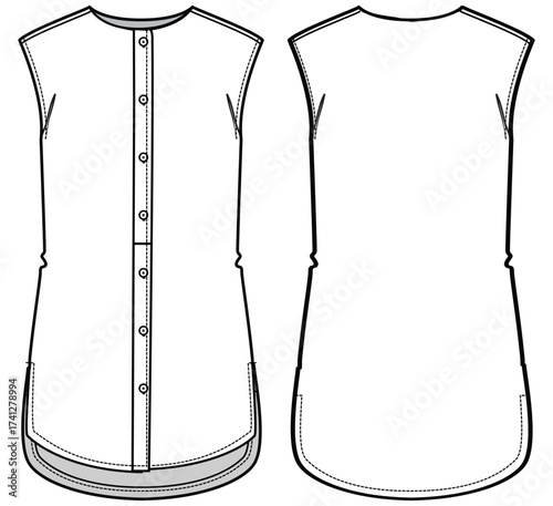 Women Tunic shirt blouse dress design with band collar flat sketch fashion illustration with front and back view, Sleeveless Kurtha shirt dress cad technical drawing vector template