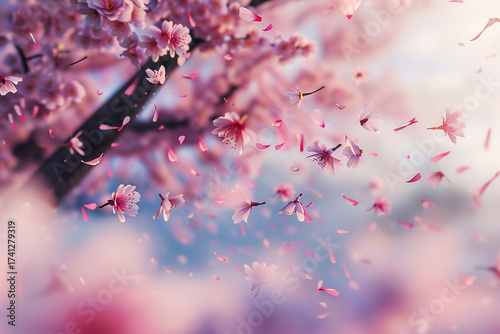 Delicate pink cherry blossoms softly falling in a gentle spring breeze, creating a serene and beautiful atmosphere.