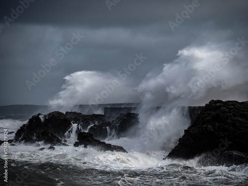 crashing waves over Holyhead breakwater isle of Anglesey