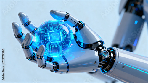 Obraz na płótnie Robot hand holding glowing circuit sphere
