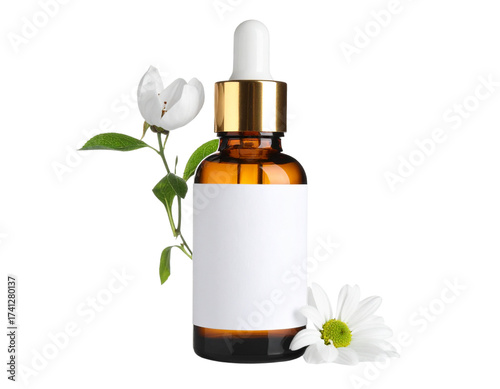 Cosmetic dropper bottle with natural essential oil serum, isolated on white, for beauty care