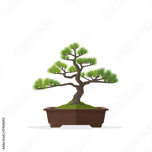 Serene miniature pine tree artfully shaped in a traditional pot, symbolizing nature and tranquility.