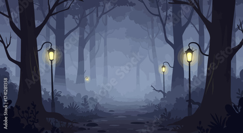 Dark fairytale forest with mysterious lights and fog, flat vector art, soft spooky tones