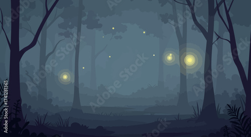 Dark fairytale forest with mysterious lights and fog, flat vector art, soft spooky tones