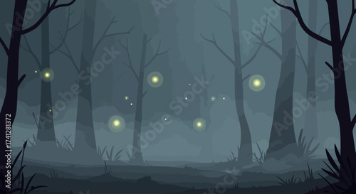 Dark fairytale forest with mysterious lights and fog, flat vector art, soft spooky tones