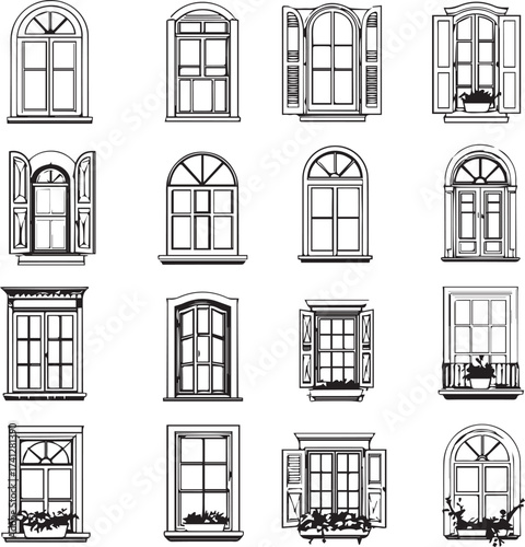 Window icon set with varied shapes, shutters, balconies, and decorative frames in black silhouette design