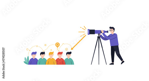 Flat vector concept of leadership and direction, man guiding with telescope, business vision, white background