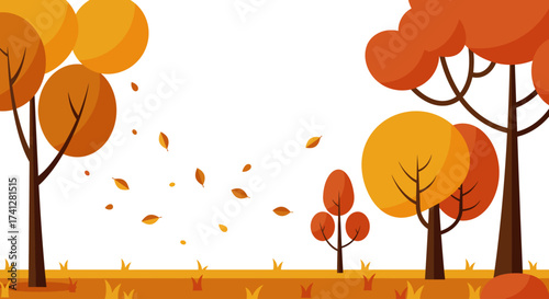 Flat vector illustration of autumn trees with falling leaves, simple clean design, white background, minimal style