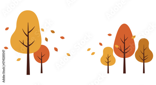 Flat vector illustration of autumn trees with falling leaves, simple clean design, white background, minimal style