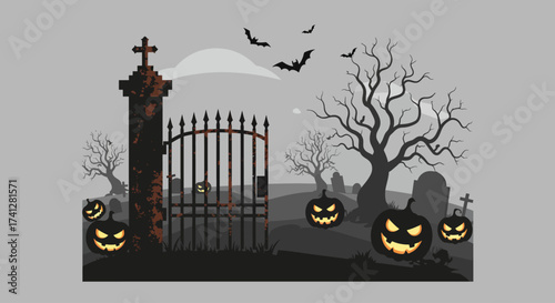 Halloween graveyard landscape with iron gate, bats, pumpkins, and eerie trees, minimalist vector illustration