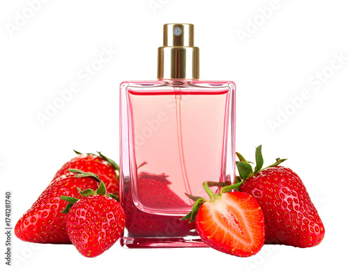 Strawberry perfume bottle with red liquid, isolated on white, sweet feminine fragrance