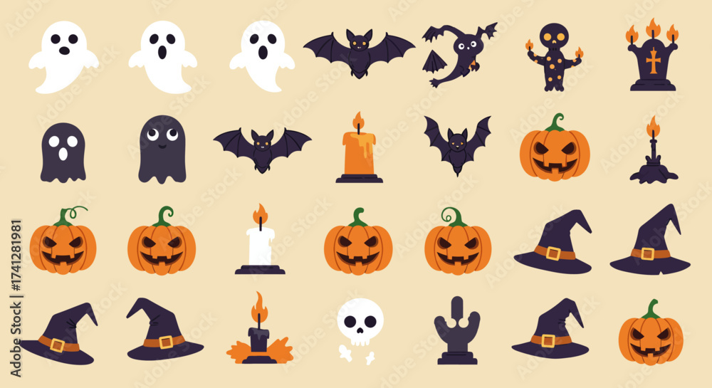 Obraz premium Set of Halloween icons including ghosts, bats, pumpkins, and witches hat, flat vector design