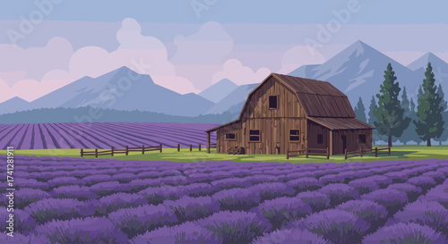 Rustic farmhouse with lavender field and mountains, flat vector style, soft color palette