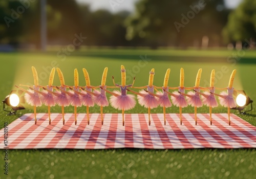A line of french fry characters dressed as ballerinas performing a dance routine on a picnic blanket with spotlights