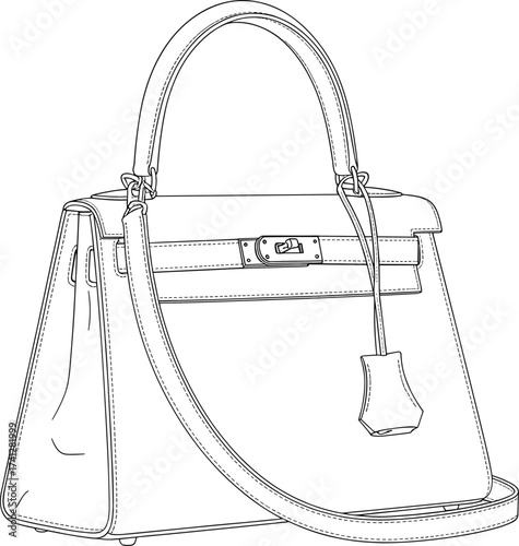Luxury handbag line art, elegant fashion accessory sketch, structured top handle purse design, detailed vector illustration, stylish bag drawing, cad drawing flat vector illustration