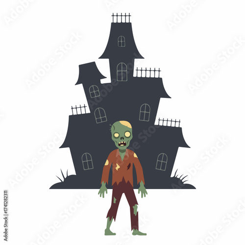 Cartoon Flat Style Creepy Zombie in Front of Haunted House Illustration