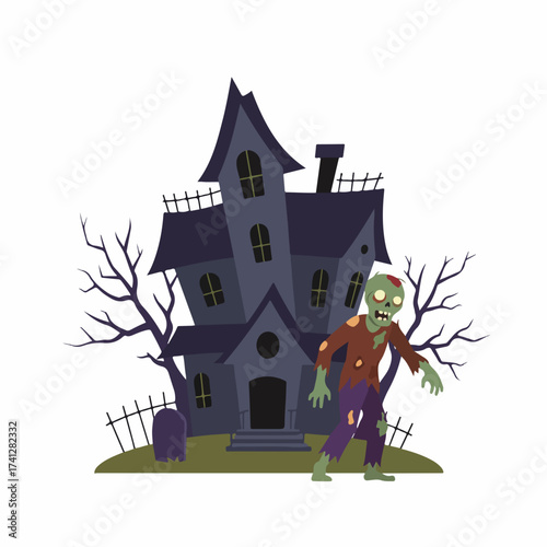 Spooky Cartoon Zombie House with Zombie Walking In Halloween Night