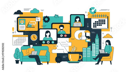 Illustration of people working remotely with video calls and laptops, symbolizing modern remote work and collaboration in a digital environment