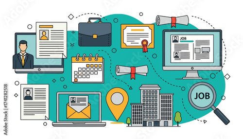 Vector art of job search and recruitment concept with resume, computer, briefcase, calendar, diploma, buildings, and magnifying glass with job word