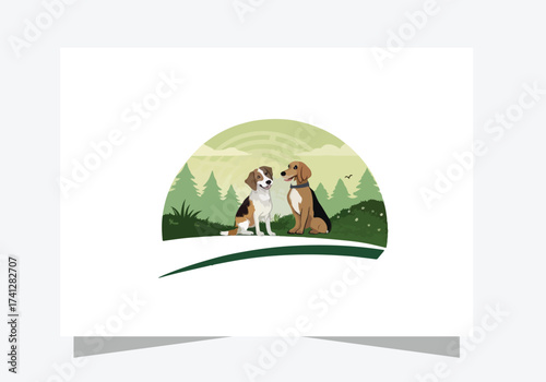 Dog logo icon design, Two dogs sitting in nature vector  design 
